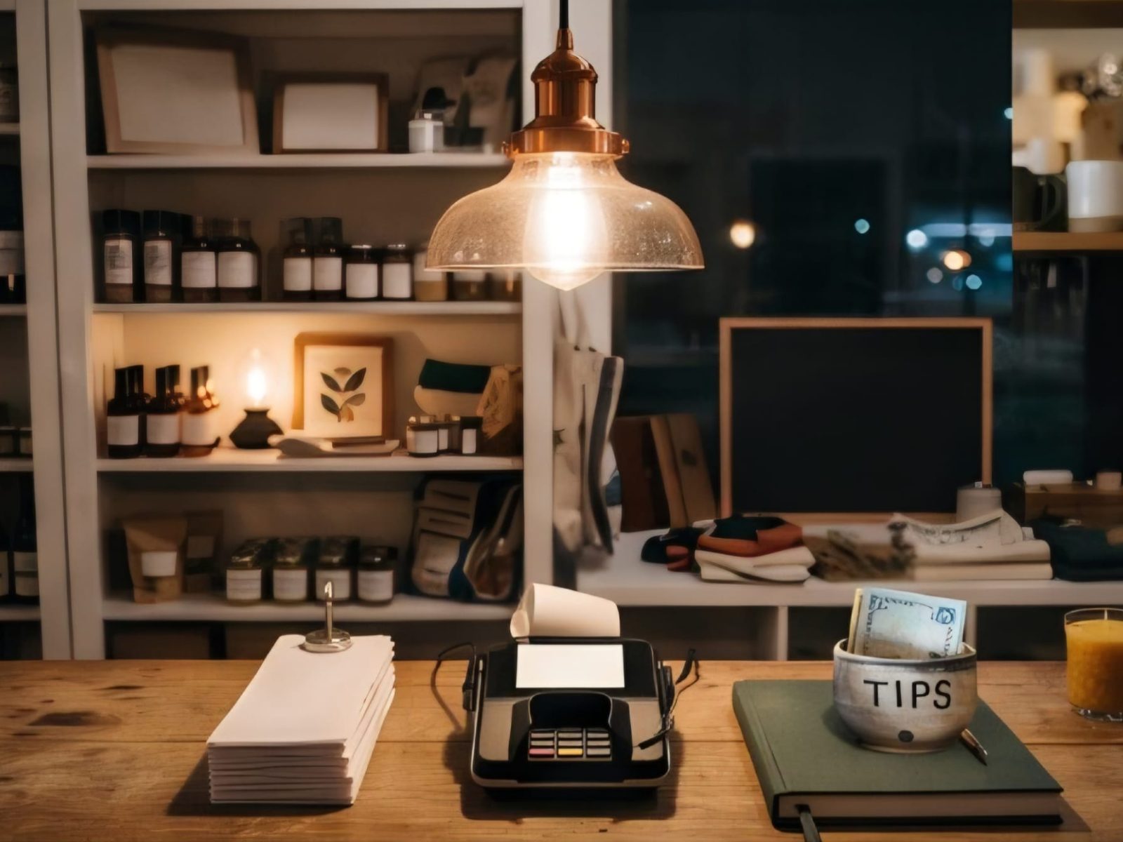 A shop counter in the evening, with a stack of receipts, a card terminal, a tips jar on a green ledger and a warm pendant lamp over shelves of goods