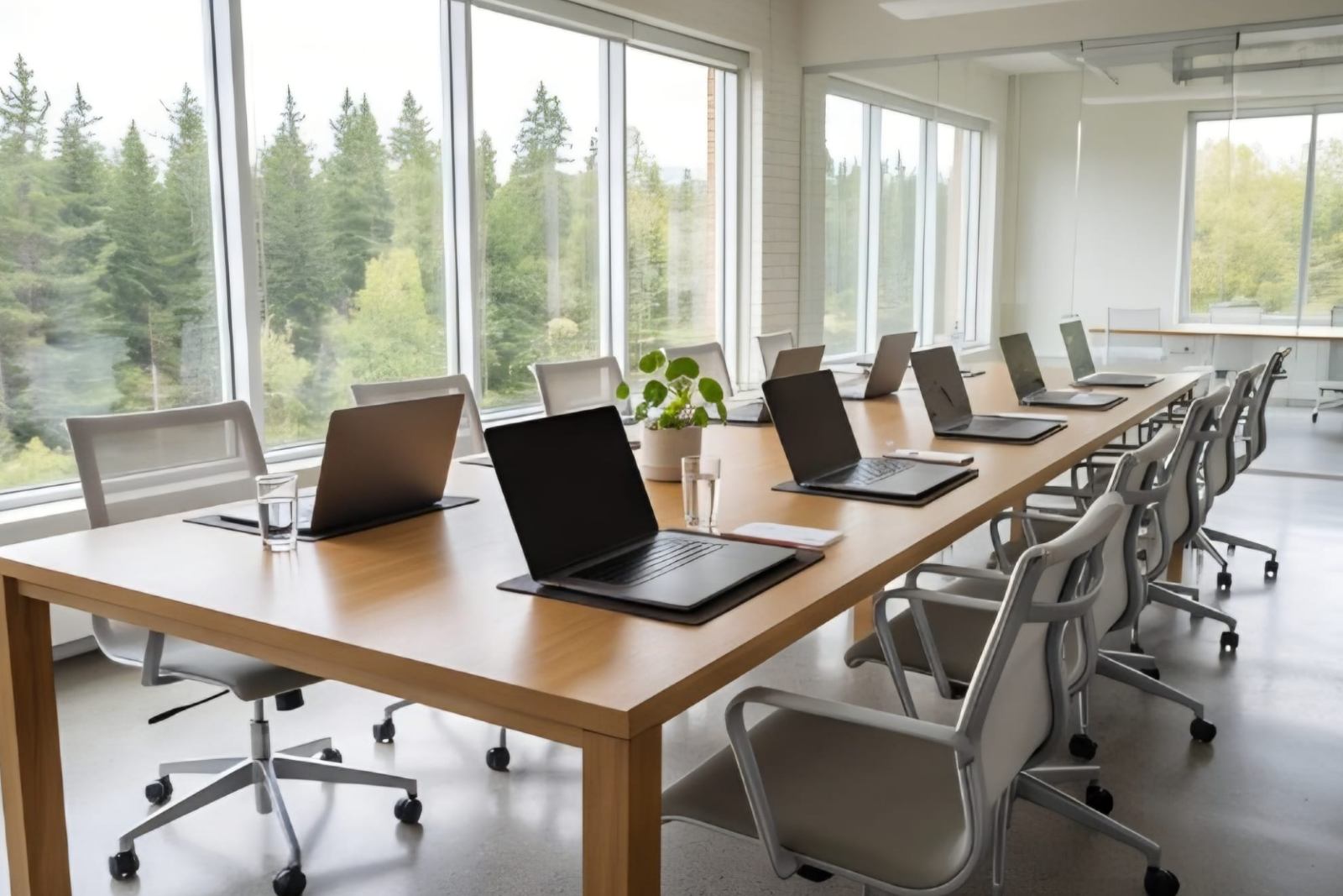 A long wooden meeting table with rows of open laptops and chairs, in a bright room with tall windows onto pine trees