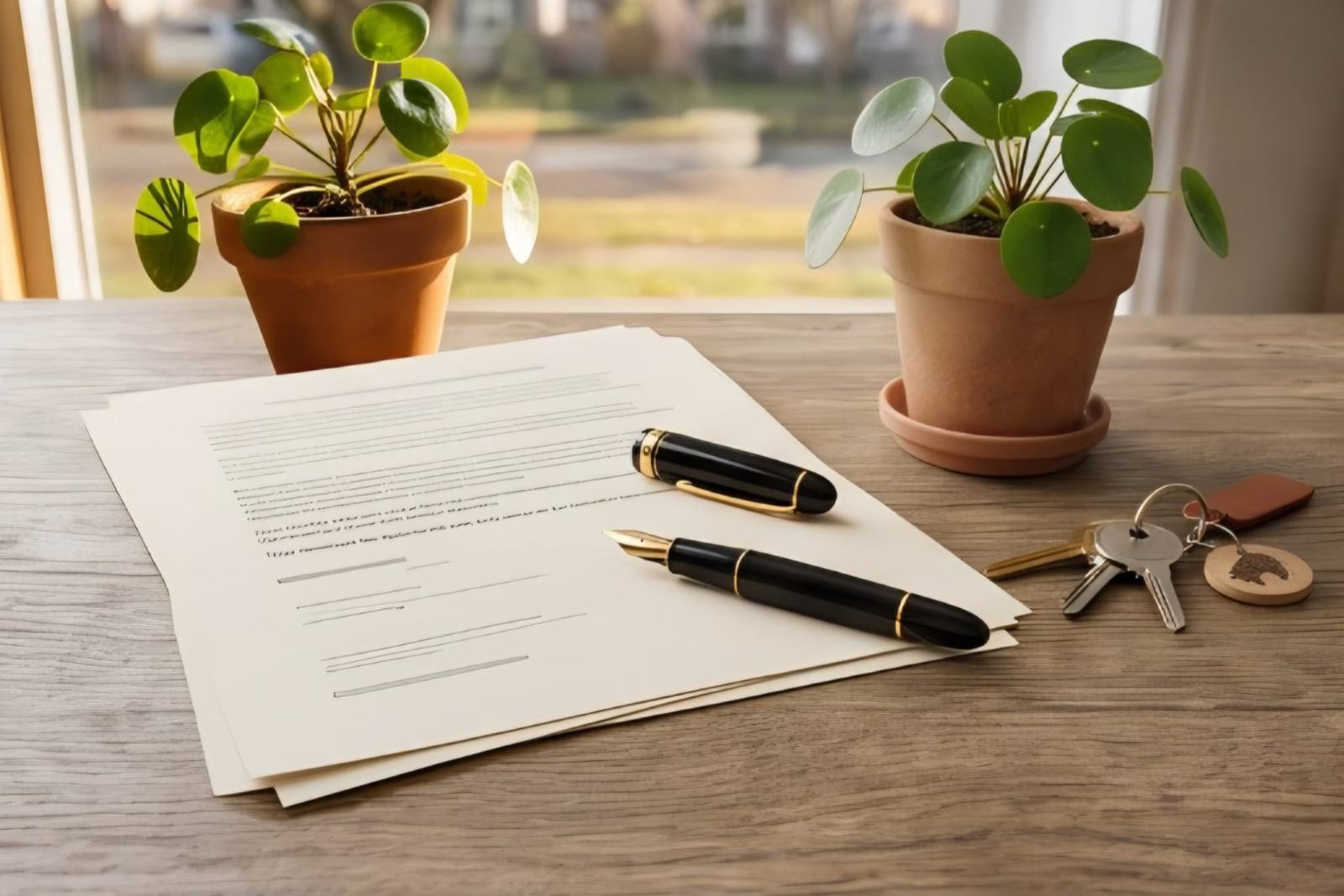 A document with two fountain pens, a set of keys and two potted plants on a wooden desk by a window