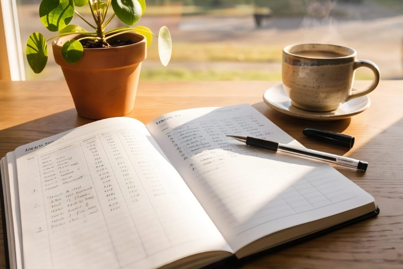 An open ledger with handwritten columns, a pen, a cup of coffee and a potted plant on a sunlit wooden desk